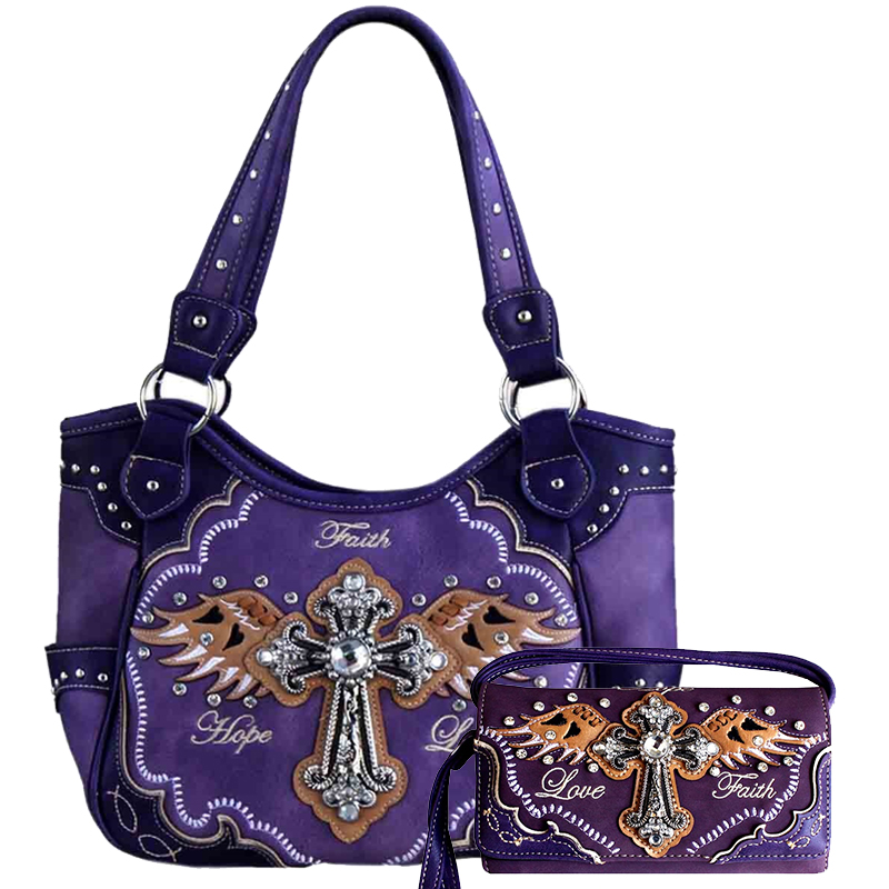 Purple Concealed Cross & Wing Embroidery Handbag - G980W170LCR - Click Image to Close